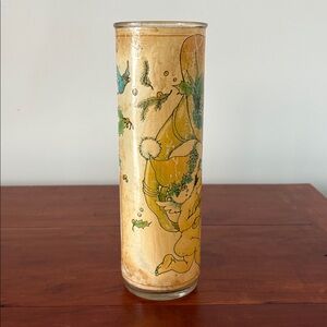 Vintage Tall Glass Vase Cherub Fairy Bird Botanical Art 9” Hand Painted Look
